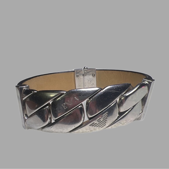 Emporio Armani Sterling Silver 925 And Black Leather Men Bracelet